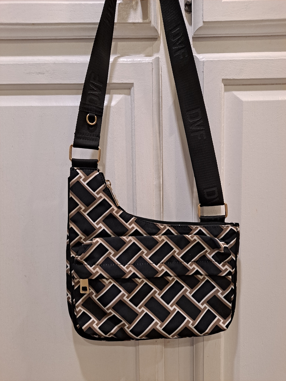 Diane Von Furstenberg Black Beige Geometric Utility Neutral Weave Crossbody Bag